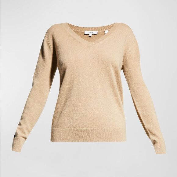 VINCE NWT Cashmere Weekend V-Neck Sweater Camel Tan Pullover Size XL - Picture 1 of 13